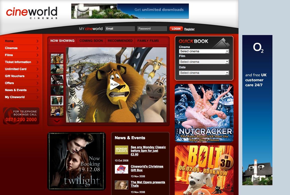 Cineworld Homepage showing December 2008 Movies